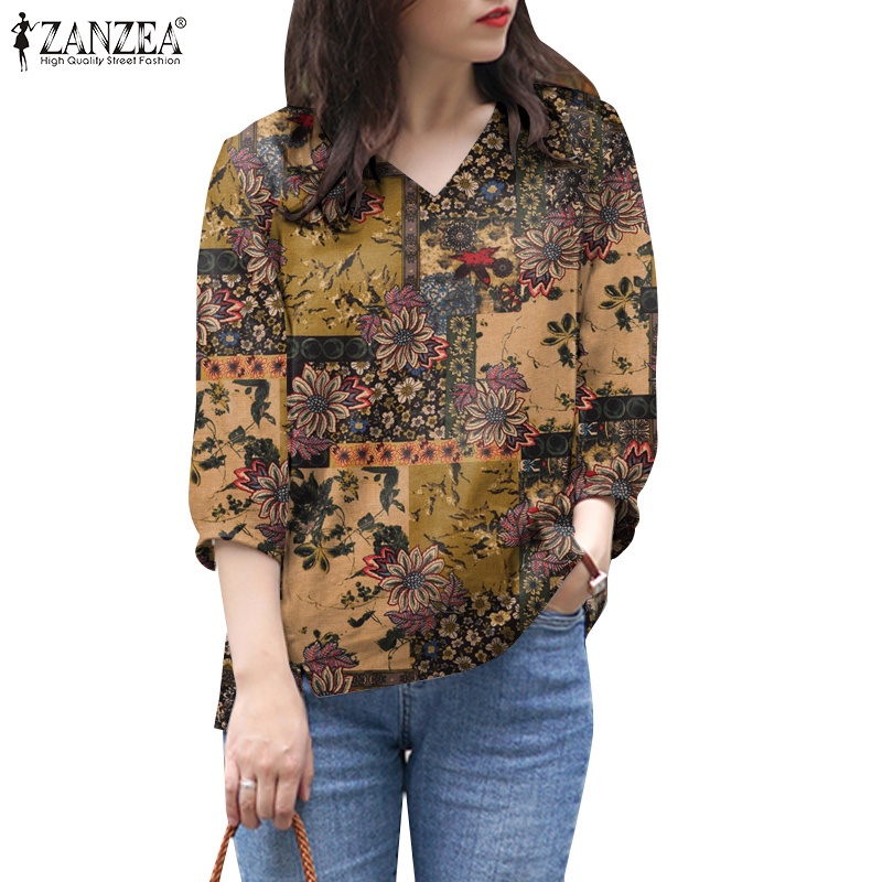 ZANZEA Áo Nữ Tay Lửng 3 / 4 Cổ Chữ V Họa Tiết Hoa Thời Trang