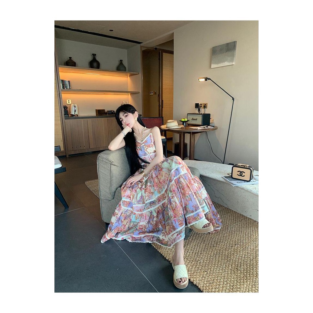 Đầm Hoa Hai Dây Dáng Dài Phong Cách Retro Mùa Hè 2023