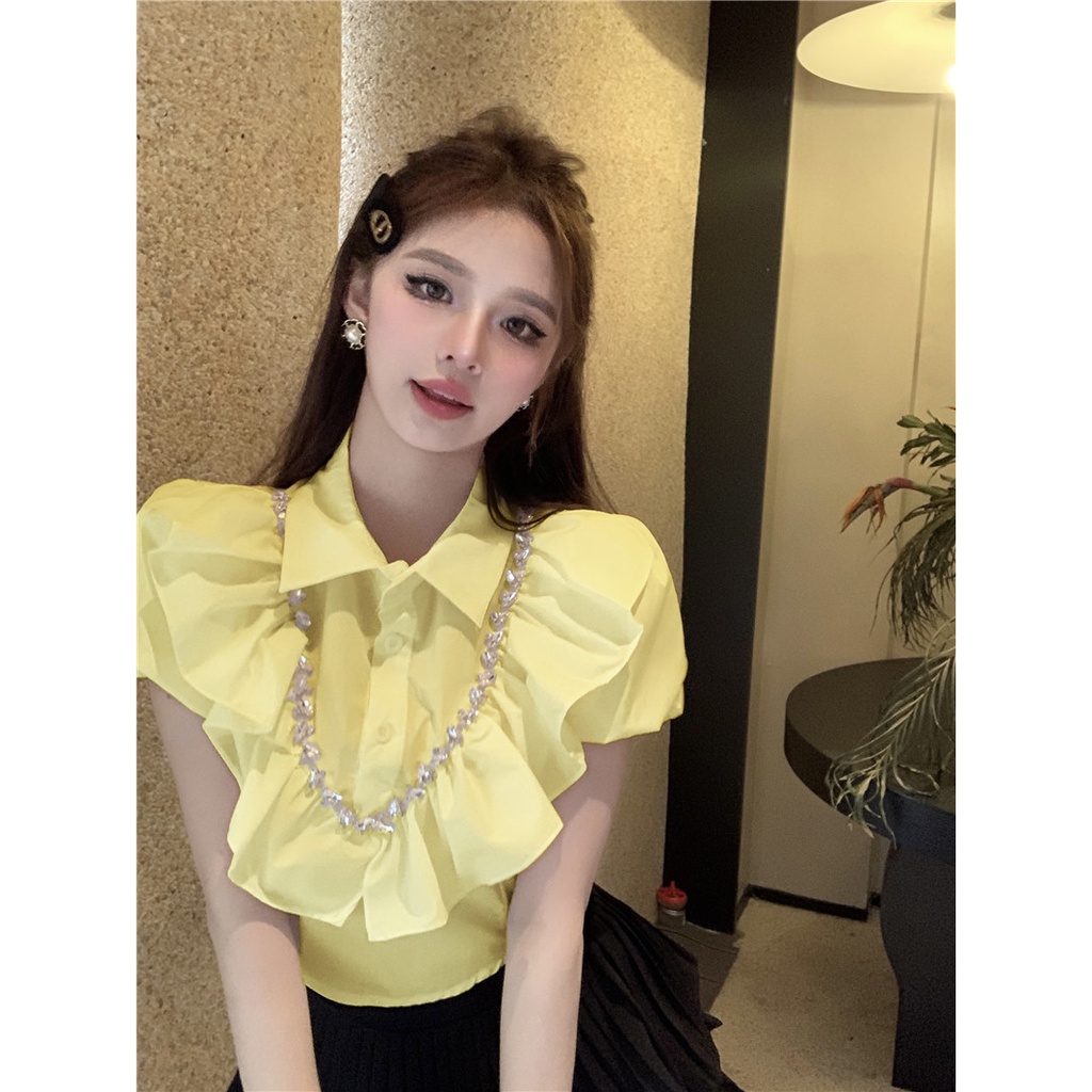 Áo Sơ Mi Ngắn Ôm Dáng Tay Phồng Cổ Polo Đính Đá Tinh Tế Thời Trang Mùa Hè Cho Nữ