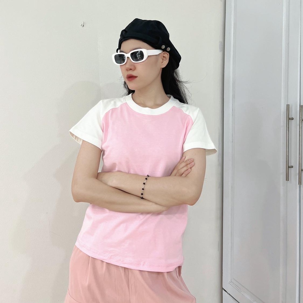 Baby tee raglan trơn basic áo thun phối màu chất cotton