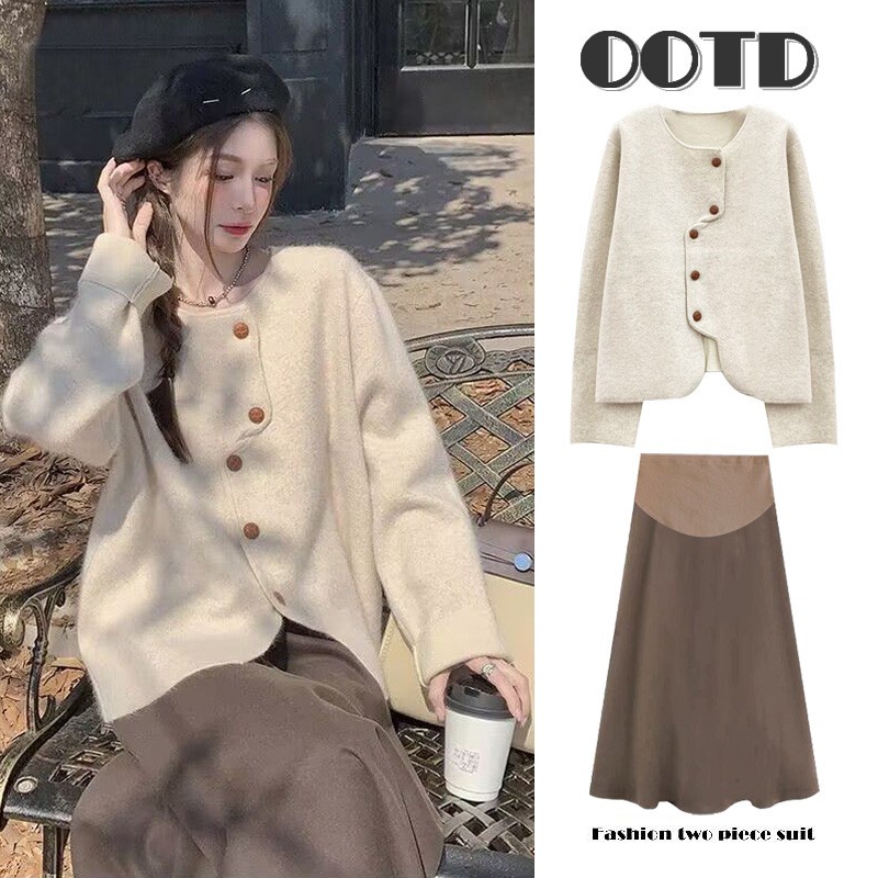 Set Áo cardigan Cài Nút + Chân Váy Lưng Cao Thời Trang Thu Đông 2023 Cho Mẹ Bầu