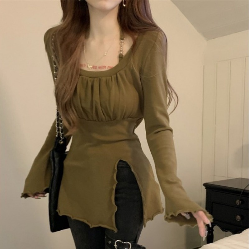 Áo Sơ Mi Tay Dài Dáng Ôm Xẻ Tà Quyến Rũ Thời Trang Cho Nữ