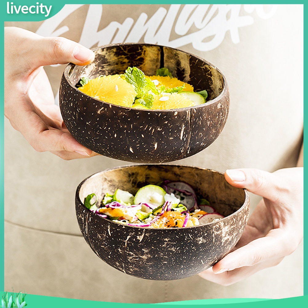 2 cái gáo dừa bát súp salad mì cơm trái cây món ăn thủ công mỹ nghệ