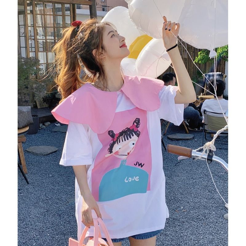 Áo Thun Tay Ngắn Dáng Rộng Cổ Búp Bê Màu Tương Phản Dễ Thương Phong Cách Hàn Quốc Cho Nữ