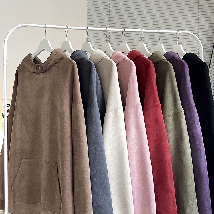 Áo len IFNICEFUTURE bằng da lộn có mũ trùm đầu dáng rộng phong cách Hồng Kông