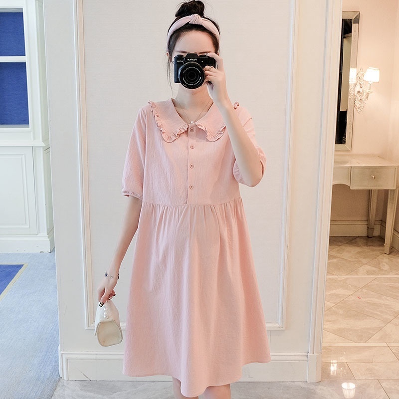 Đầm bà bầu baju mengandung plus size đầm bầu dành cho phụ nữ hàn quốc ngắn tay ngắn bằng vải lanh búp bê cổ áo cho bà bầu