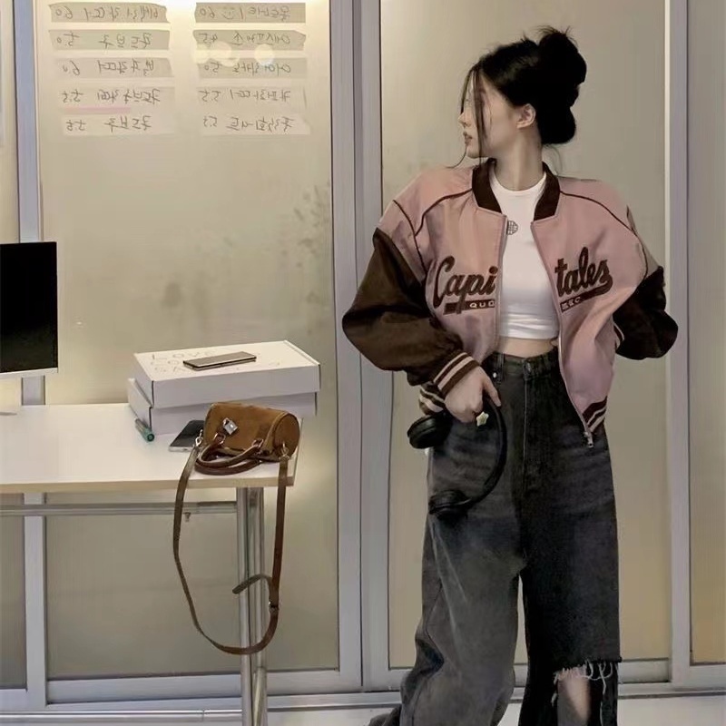 Áo Khoác Bóng Chày Tay Dài Có Khóa Kéo Màu Sắc Tương Phản Phong Cách Retro Mỹ 2023 Cho Nữ