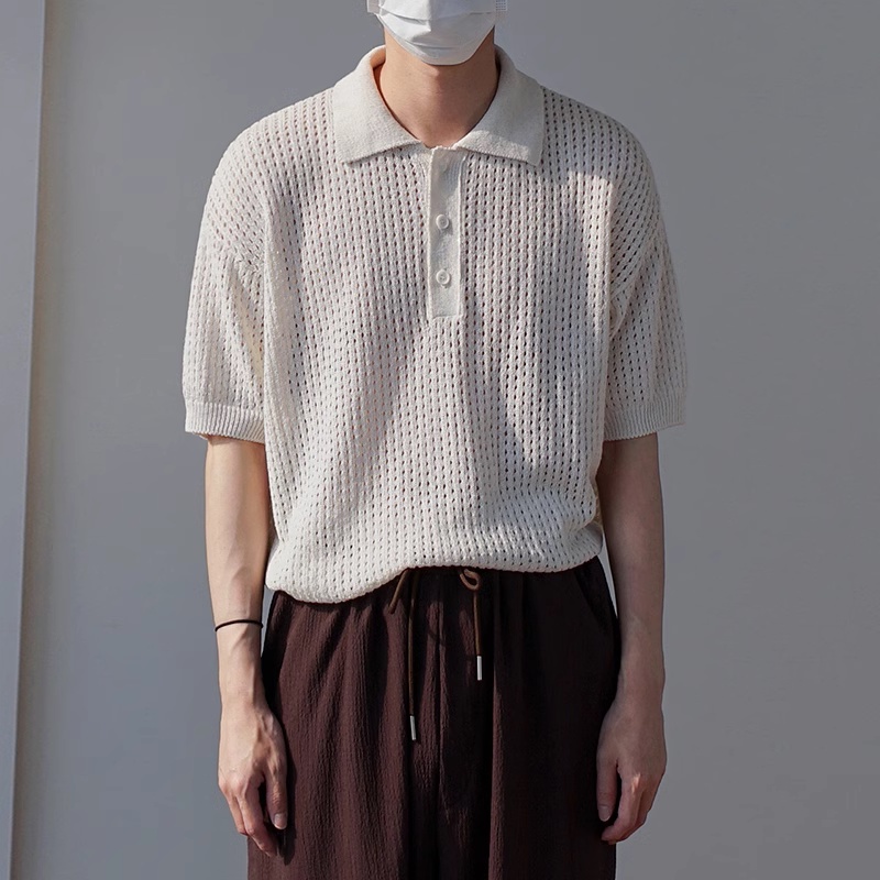 Jacquard slim-fit áo sơ mi polo dệt kim kết cấu kẻ sọc hàn quốc thanh lịch tay ngắn ve áo cổ áo sơ mi polo