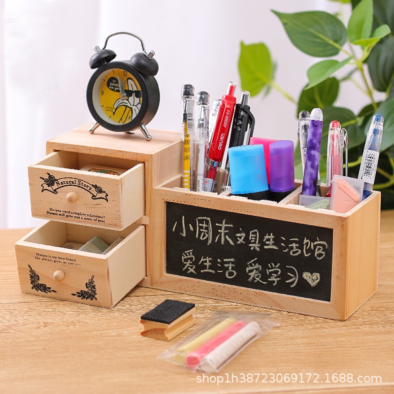 Ngăn kéo hai lớp bảng trắng giá đỡ bút bằng gỗ bảng đen hộp đựng bút đa chức năng creative high-end desktop debris storage box cho học sinh tiểu học