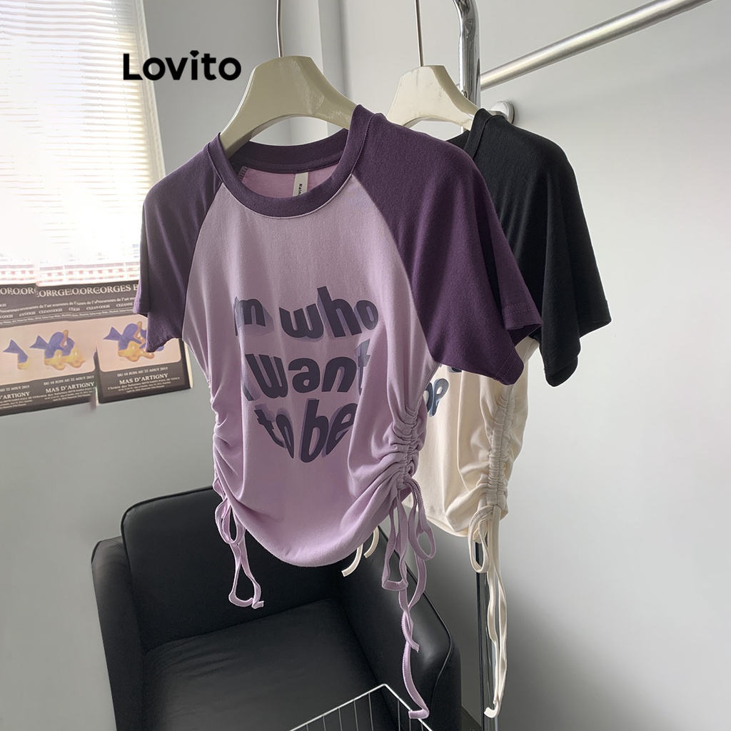 Áo thun Lovito baby tee tương phản phối dây rút họa tiết chữ thường ngày cho nữ LNE18025
