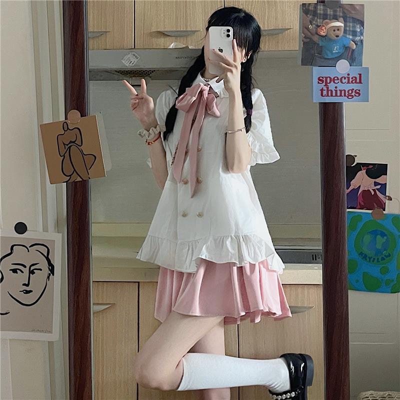 ((hàng Sẵn sàng) 2023 summer new style japanese campus style student jk uniform suit female loose short-sleeved shirt + pink skirt (two-piece suit)