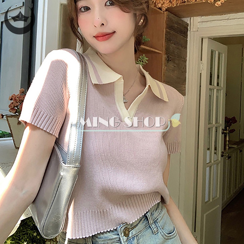 Ming mùa hè phong cách preppy phụ nữ màu tương phản ve áo ngắn tay áo dệt kim t-shirt cắt top th