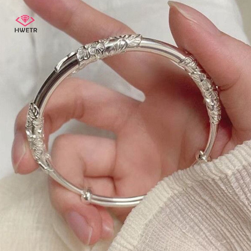 Hwetr 1pc silver women's full-blown flowers bracelet tinh tế và nhẹ mở vòng tay có thể điều chỉnh rắn vòng tay thời trang trang sức bạc mới