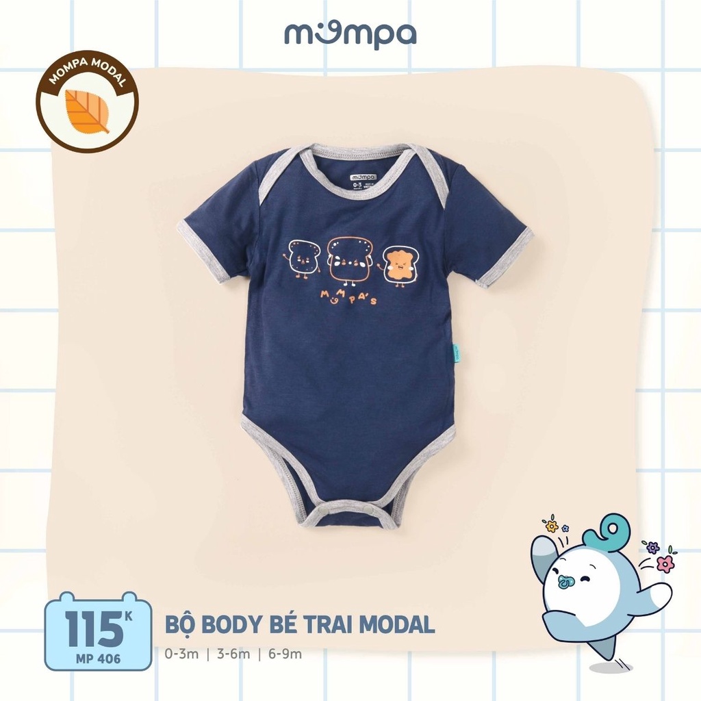 Bộ bodychip cộc tay cho bé sơ sinh Mompa 0 đến 9 tháng vải modal mềm mại thoáng mát dễ thay bỉm 406 đến 407
