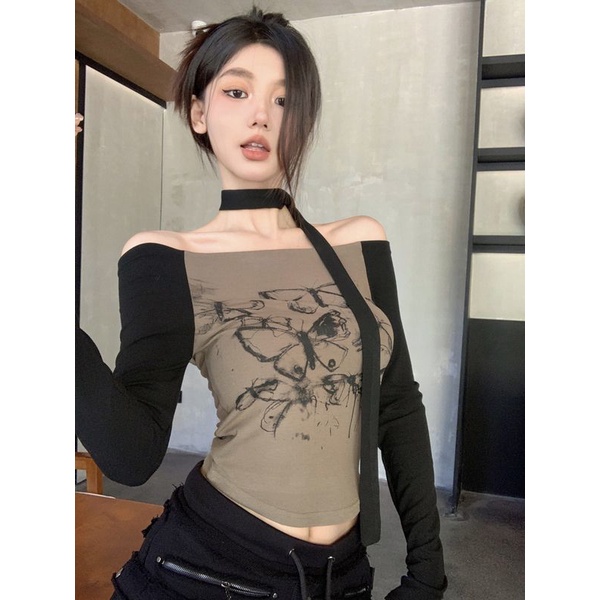 Áo thun COZOK dài tay họa tiết bướm phối màu tương phản thời trang gợi cảm dành cho nữ