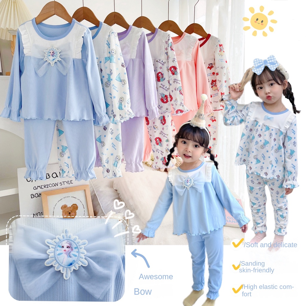 Trẻ em quần áo trẻ em bộ đồ ngủ trẻ em 23 cô gái mùa thu phong cách mới dài-tay áo dễ thương quần áo ở nhà trung nhỏ trẻ em công chúa đồ ngủ mùa thu quần áo ấm nơ-0816