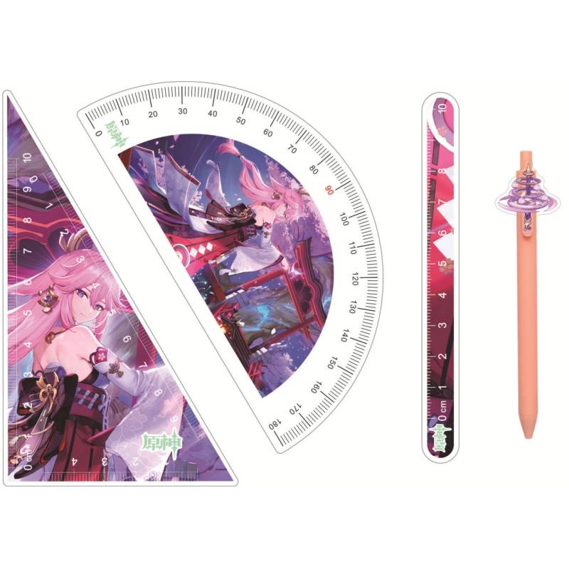 Ere1 4 cái / bộ genshin impact thước kẻ bút vẽ thước thẳng bộ vuông zhongli wanderer beelzebul