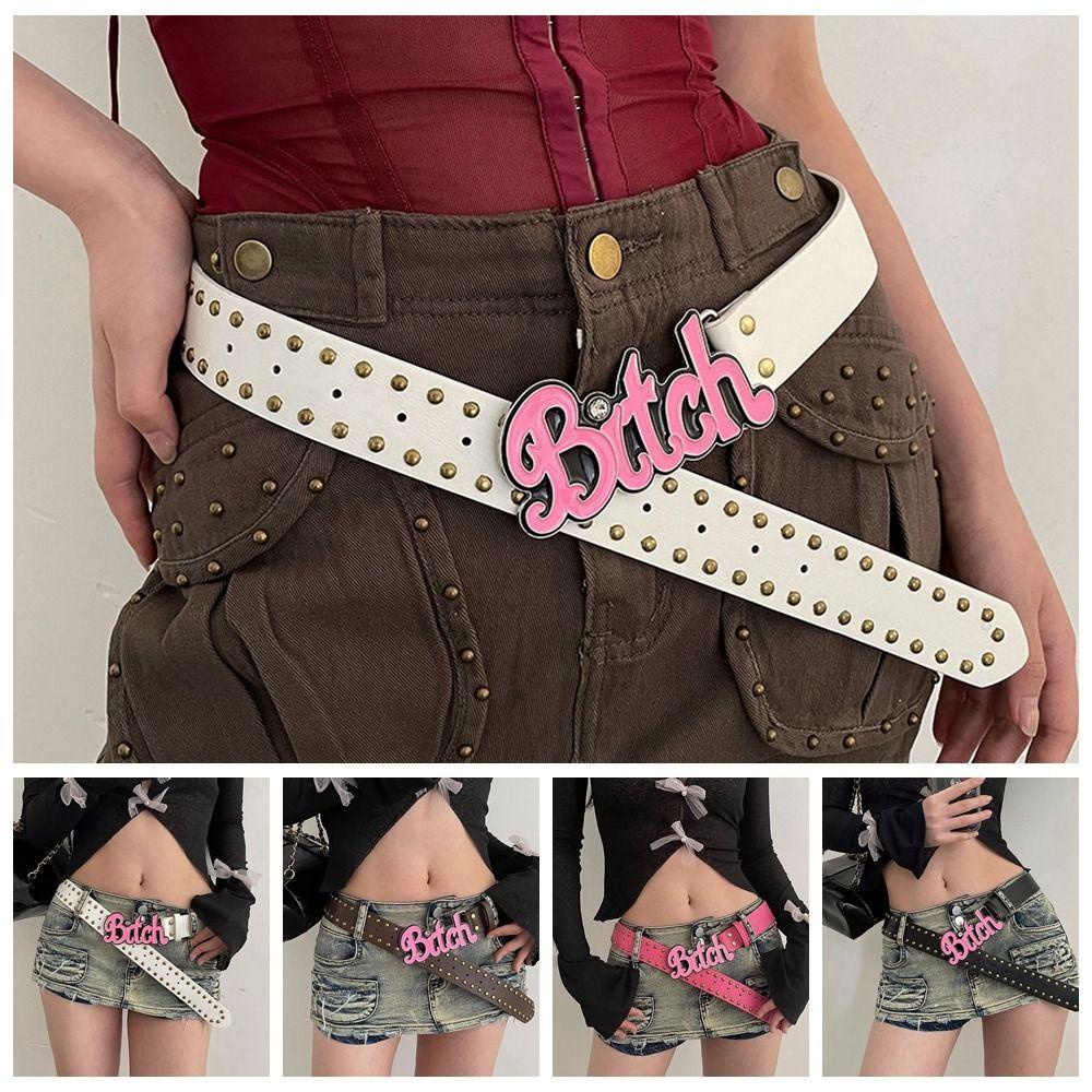 Oceanmap Thắt Lưng Da pu Màu Hồng Đính Đinh Tán Và Chữ Cá Tính Cho Nam y2k