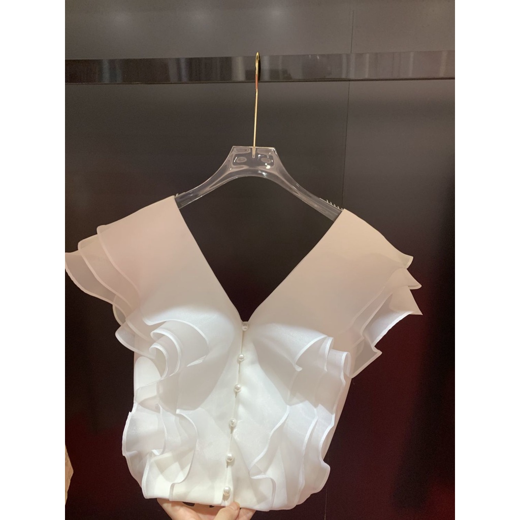 Áo Sơ Mi Chiffon Cổ V Không Tay Phối Bèo Thời Trang Mùa Hè 2023