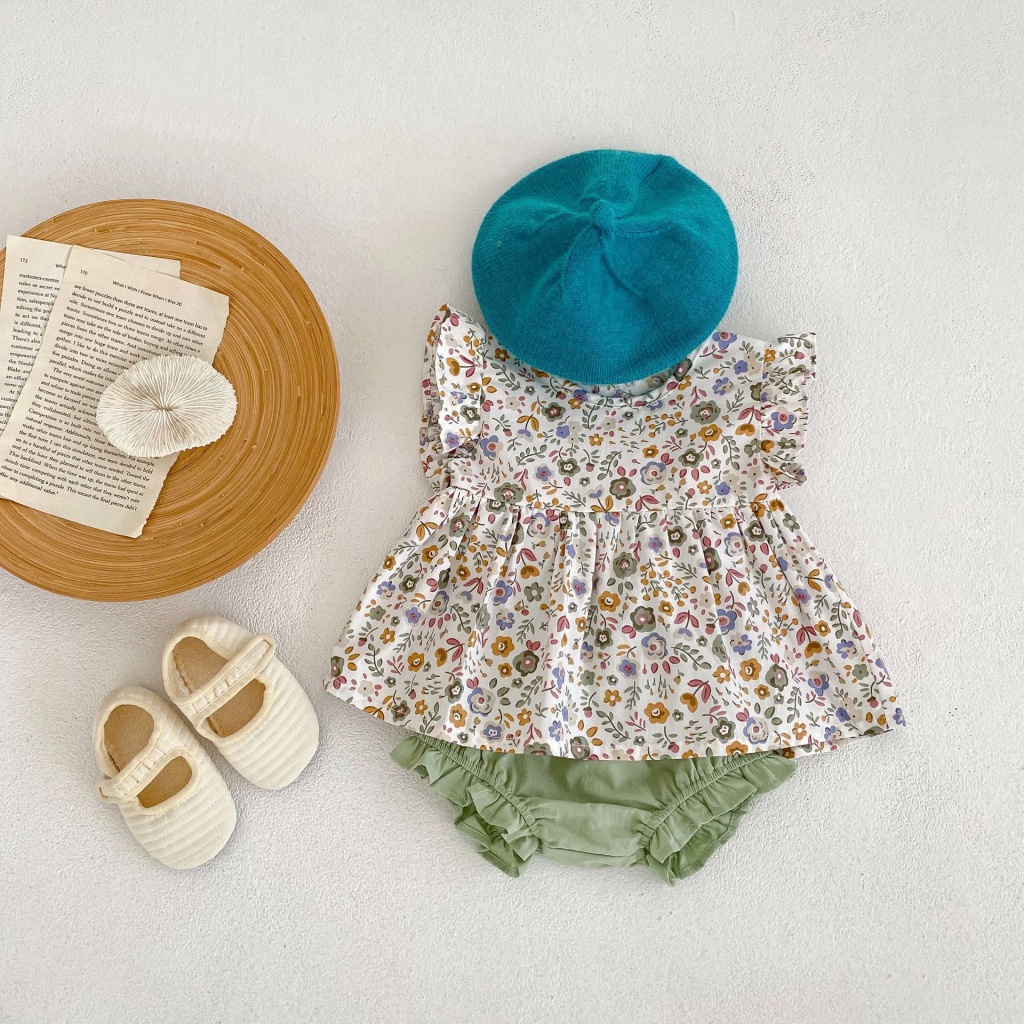 Set Đồ Mùa Hè 2 Món Gồm Áo cardigan Tay Ren Hoa Lá Sen + Quần Ngắn Cho Bé Gái NSOB 2023