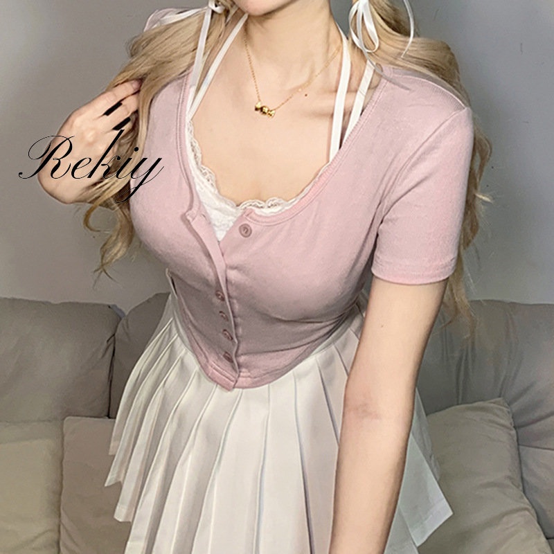 Áo Thun Dệt Kim Tay Ngắn Phối Ren Thời Trang 2023 Cho Nữ