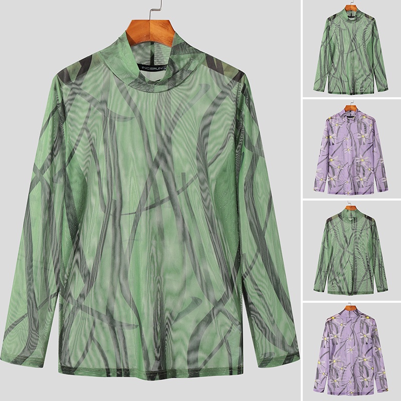 Áo thun INCERUN tay dài dáng ôm phối lưới in họa tiết cá tính