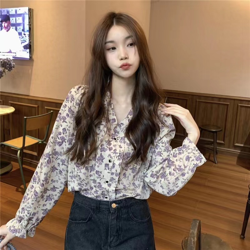 Áo chiffon BH tay dài dáng rộng in hoa kiểu Pháp xinh xắn cho nữ