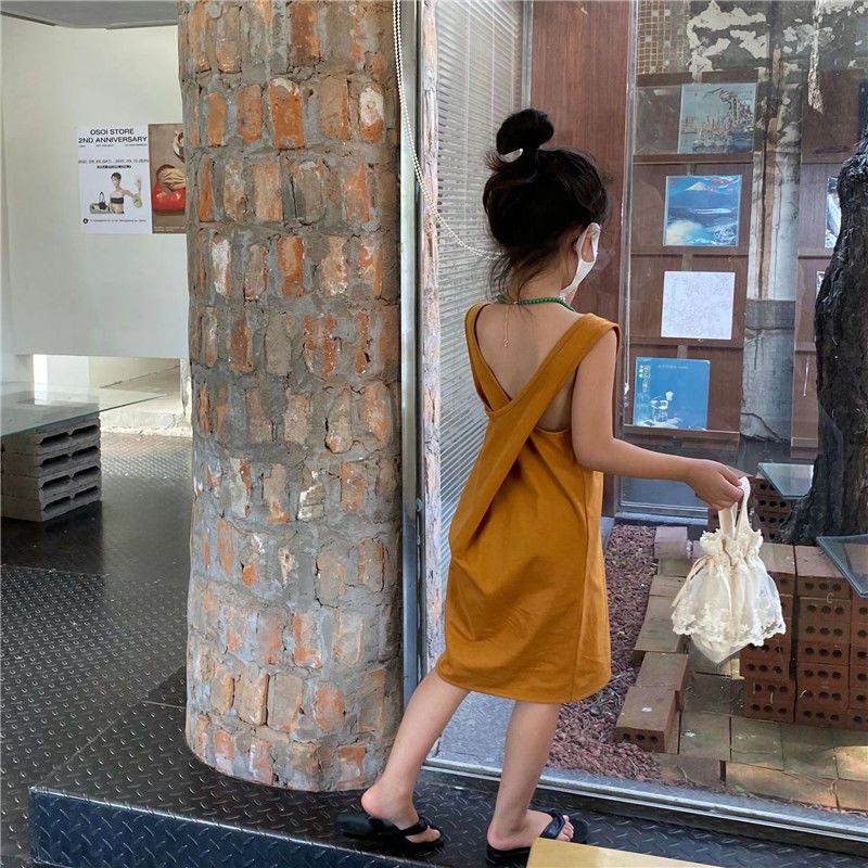 Đầm Hai Dây Mùa Hè Màu Bí Ngô Phong Cách Đường Phố Hàn Quốc Cho Bé Gái 6-12 Tuổi