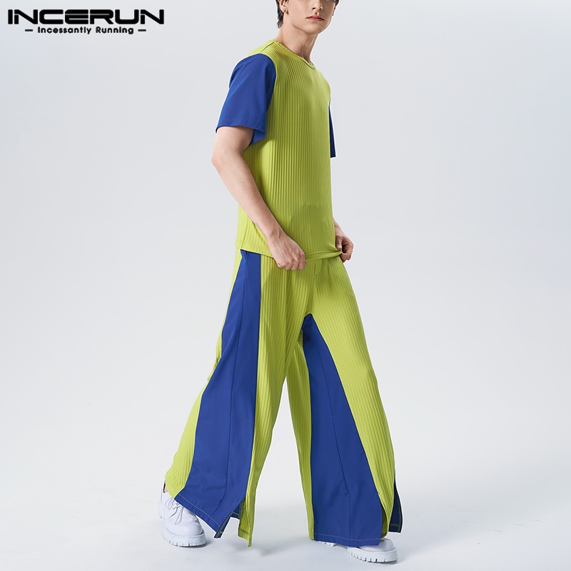 INCERUN Set Áo Tay Ngắn + Quần Ống Rộng Kiểu Dáng Đơn Giản Năng Động Thời Trang