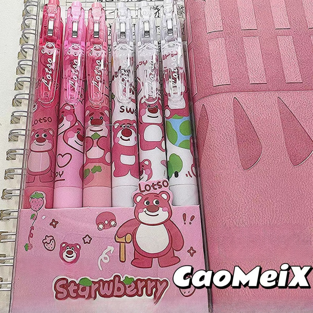 Bộ 6 Bút Mực Gel Ngòi 0.5Mm Màu Đen In Hình Gấu / Dâu Tây Kiểu Công Nghệ Cao Nhanh Khô