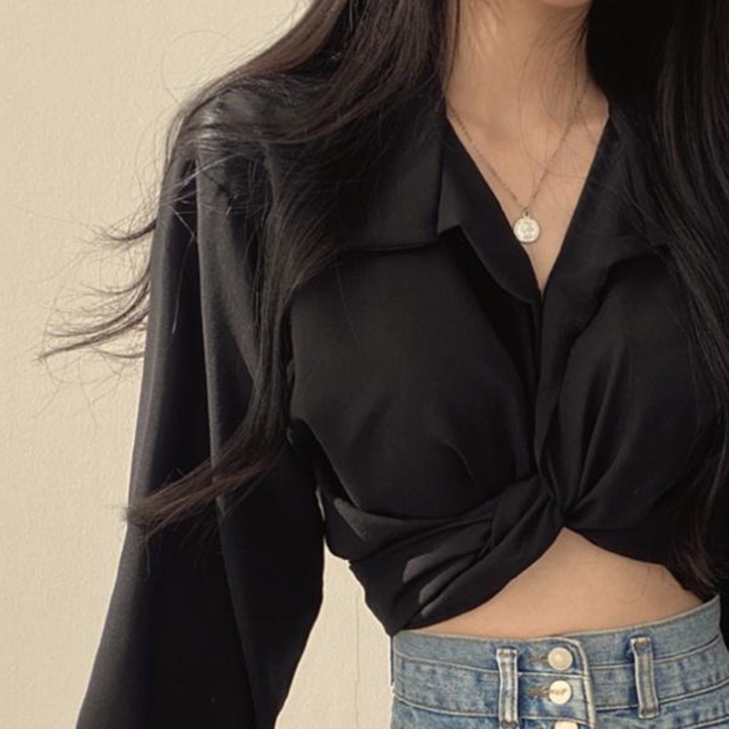 IELGY Áo Sơ Mi Crop top Tay Dài Thắt Nơ Phong Cách Pháp Thanh Lịch Dành Cho Nữ
