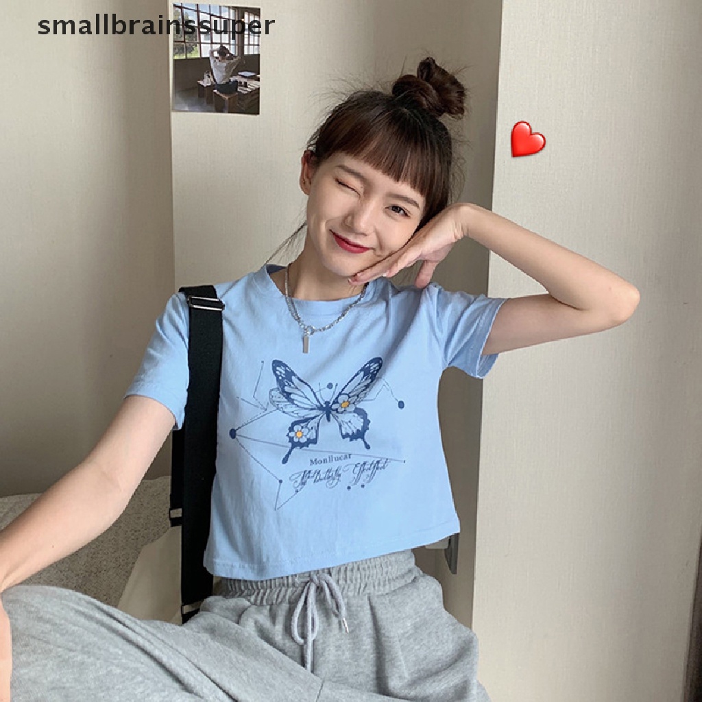 Áo Thun Croptop Tay Ngắn Cổ Tròn Dáng Ôm In Họa Tiết Bướm Thời Trang Mùa Hè Xinh Xắn Cho Nữ