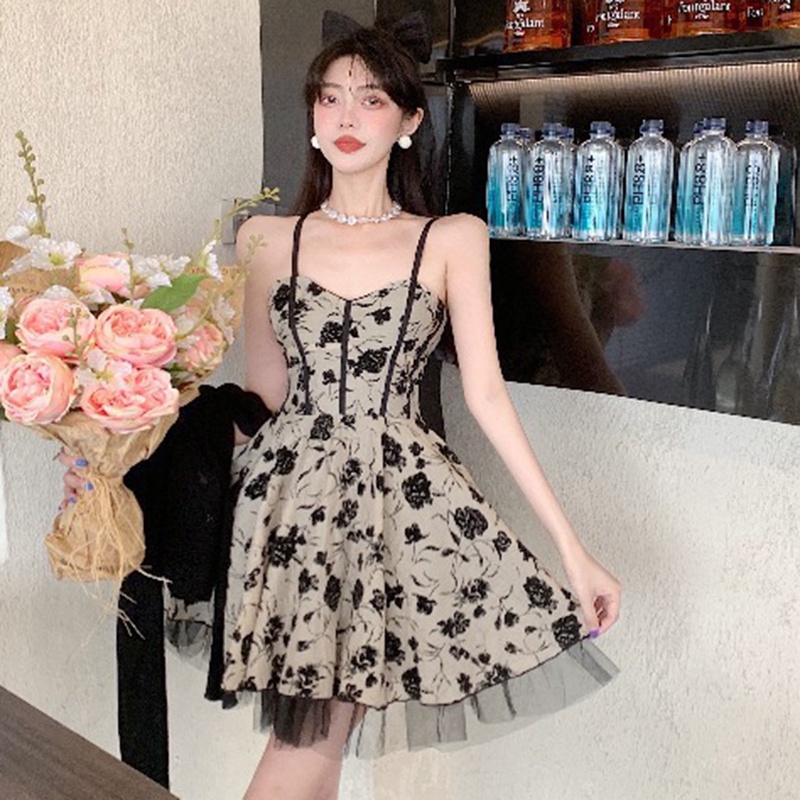 IELGY  Đầm Hai Dây Phối Lưới Họa Tiết Hoa Dáng Ôm Thời Trang Cho Nữ