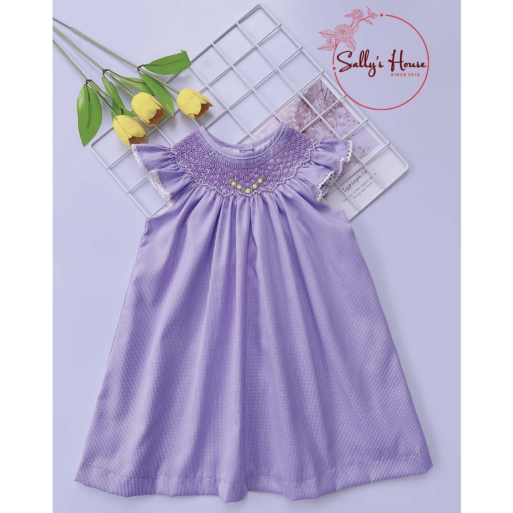 Đầm xích móc tím cho bé gái, vải cotton lụa mềm ít nhăn. đầm bé gái hai lớp