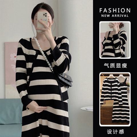 Bộ Áo Sweater Dệt Kim + Váy Yếm Dáng Dài Họa Tiết Kẻ Sọc Thời Trang Xuân Thu Xinh Xắn Cho Mẹ Bầu