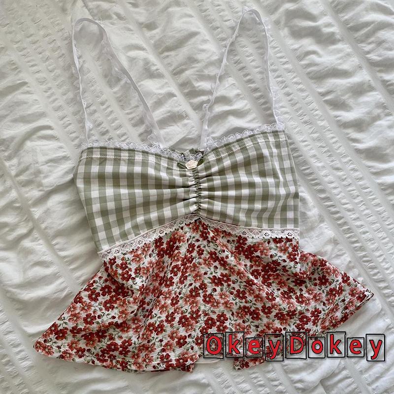 Áo Crop Top Buộc Dây Hở Lưng In Họa Tiết Hoa / Kẻ Ô / Màu Sữa 2K