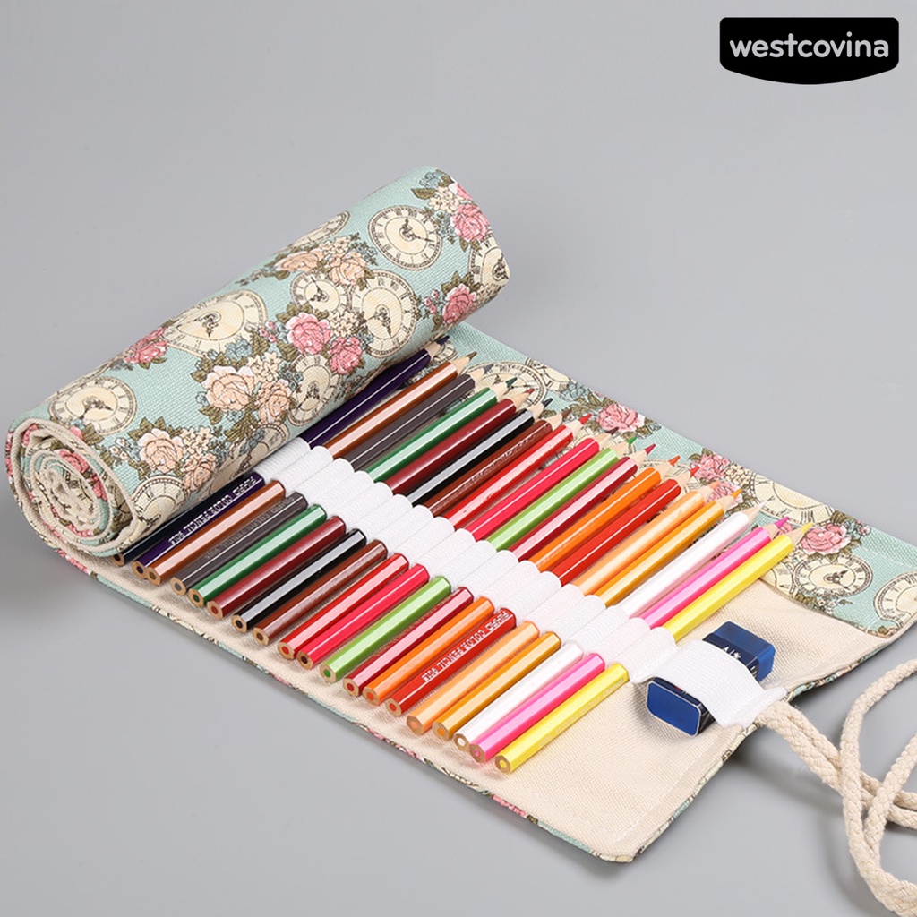 [COD]♪Túi Đựng Bút Dạng Cuộn 12 / 24 / 36 / 48 / 72 Lỗ Bằng Vải Canvas In Họa Tiết Hoa Hồng Sức Chứa Lớn