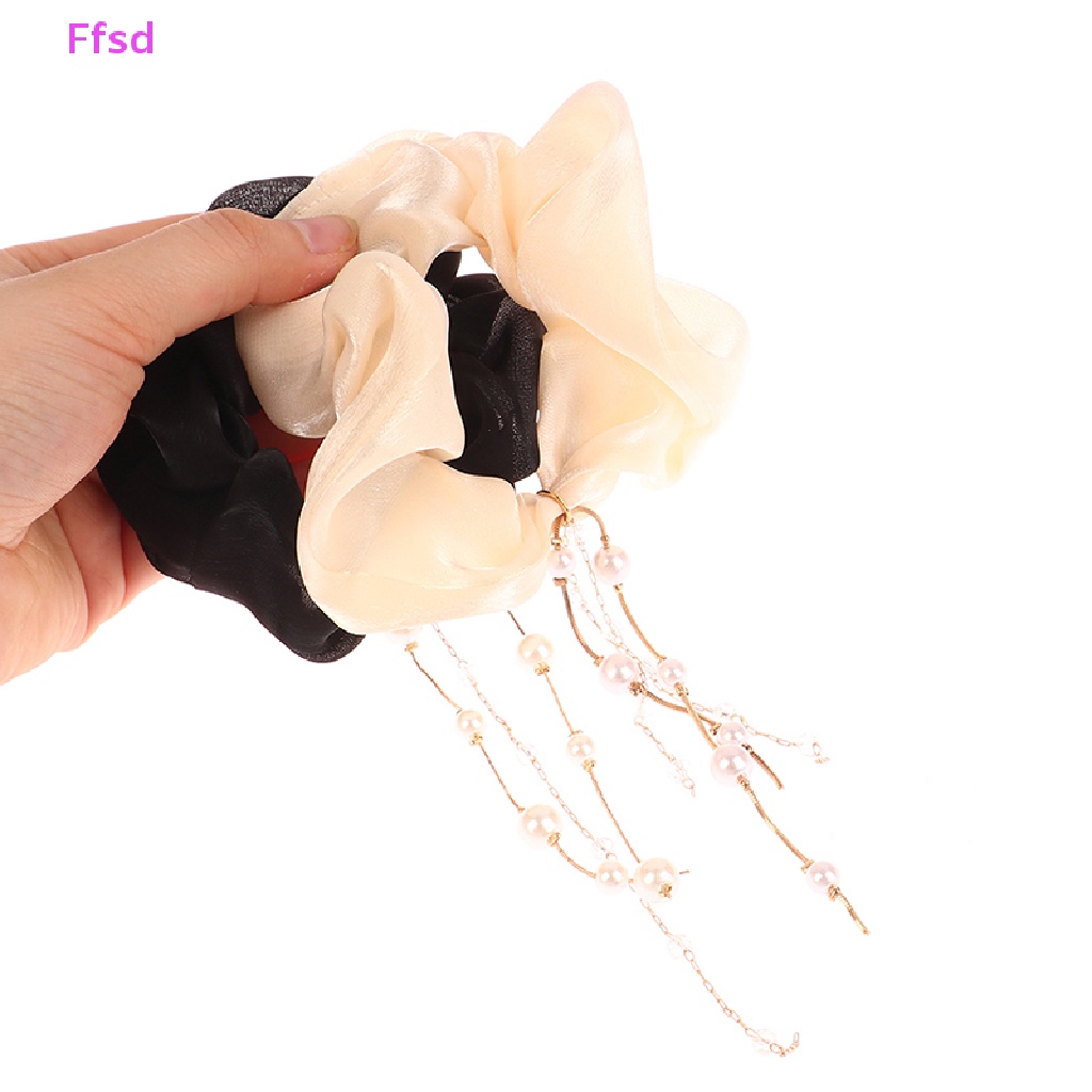 {Ffsd} Dây Buộc Tóc Chiffon Bản Lớn Đính Đá Ngọc Trai Phối Tua Rua Cho Nữ Bán Chạy