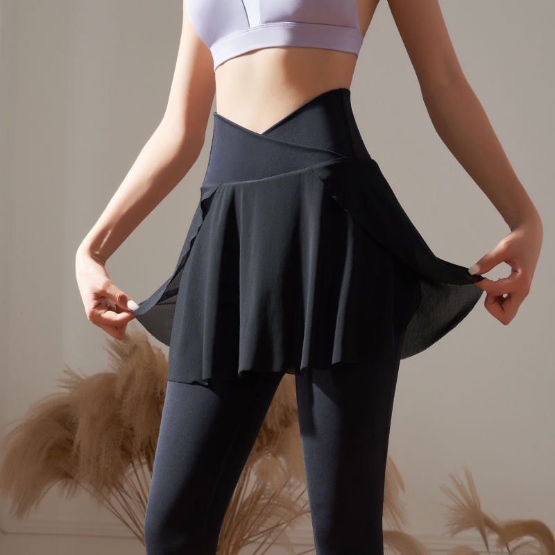 New fake two-piece quick-drying yoga quần dài thắt lưng cao lưới co giãn thoáng khí quần thể dục