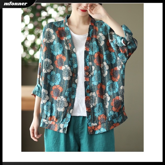 Áo Sơ Mi Tay Dài Cổ Chữ V Dáng Rộng Vải Lanh In Họa Tiết Thời Trang Cho Nữ