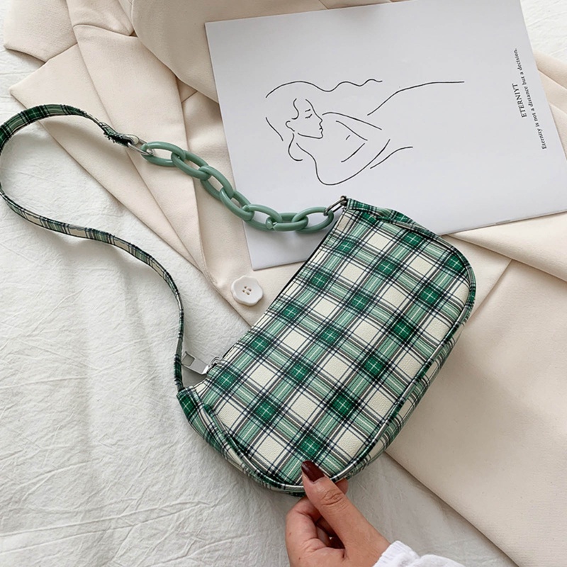 Fancy Túi Xách Đeo Vai Mini Họa Tiết Kẻ Sọc Phối Dây Xích Có Khóa Kéo Phong Cách Retro Dành Cho Nữ