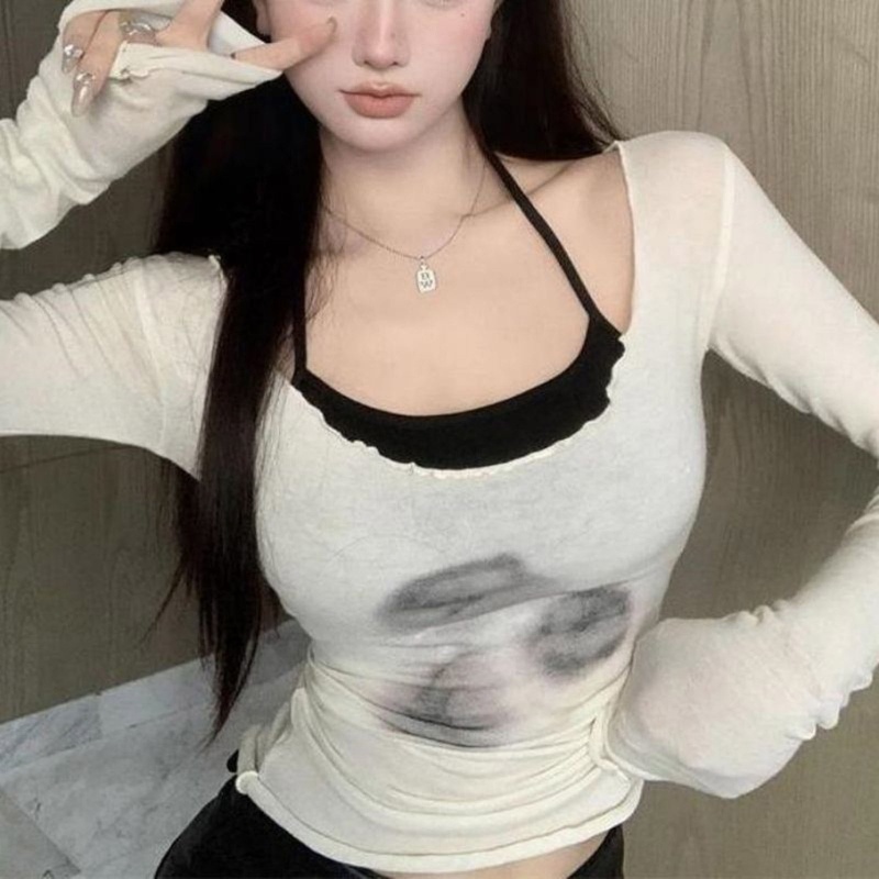 Bộ Áo Thun Dài Tay Ôm Dáng Màu Nhuộm Kèm Áo Tank Top Hai Dây Thời Trang Xuân Hè Cho Nữ