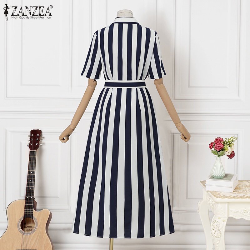 ZANZEA Áo Sơ Mi Nữ Ngắn Tay Họa Tiết Sọc Dọc Kèm Thắt Lưng Thời Trang