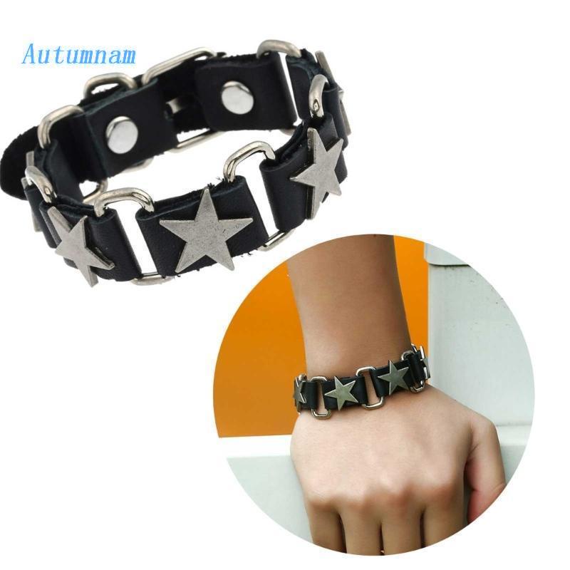 Vòng Đeo Tay Bằng Da Có Khóa Hình Ngôi Sao Năm Cánh Phong Cách Punk Cổ Điển