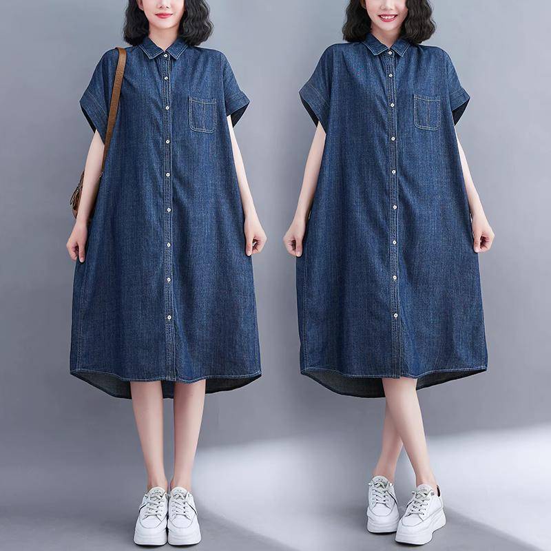 Đầm Denim Cổ Bẻ Dáng Rộng Cỡ Lớn Thời Trang Mùa Hè 2023 Mới Cho Nữ