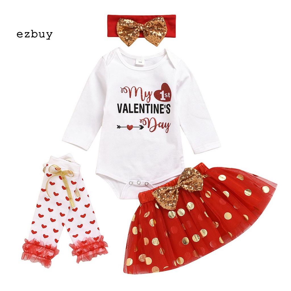 Bộ 4 Món Áo Liền Quần Tay Dài + Chân Váy + Băng Đô Mềm Mại Thời Trang Giữ Ấm Cho Bé Ngày Valentines