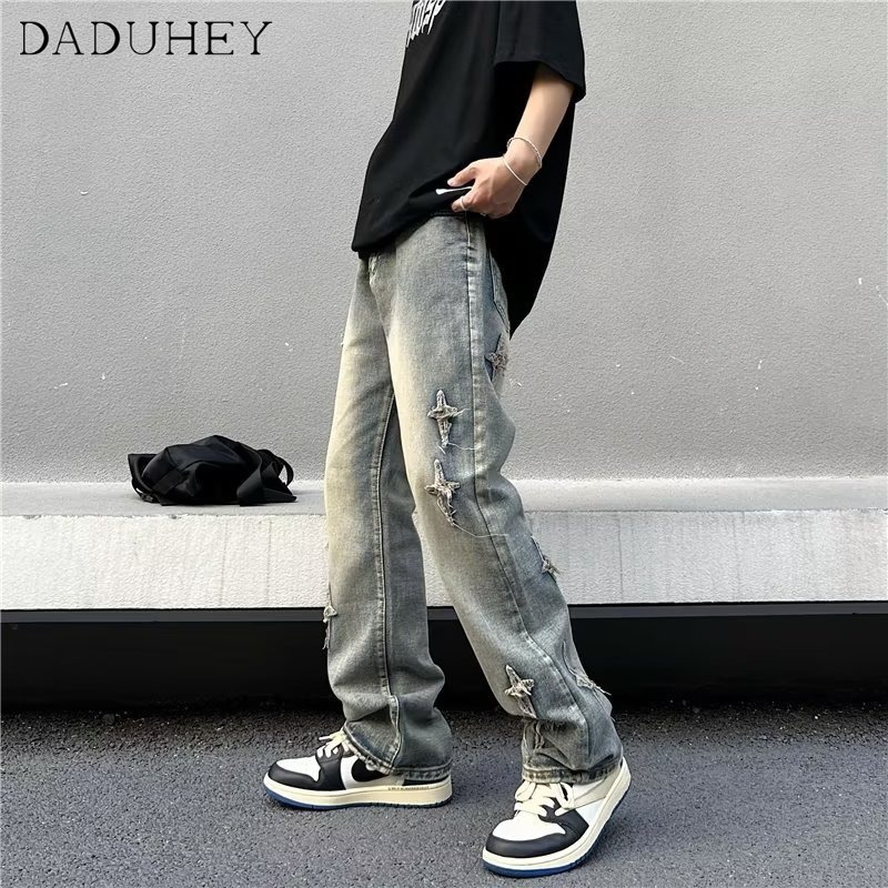DaDuHey Men's American-Style High Street Fashion Brand Straight Loose Casual Pants 2023 Trendy Retro Draping Effect All-Matching Jeans