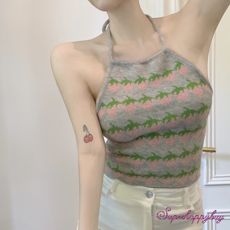Áo Tank Top Dệt Kim Hai Dây Dáng Ôm In Họa Tiết Dâu Tây Xinh Xắn Thời Trang Cho Nữ