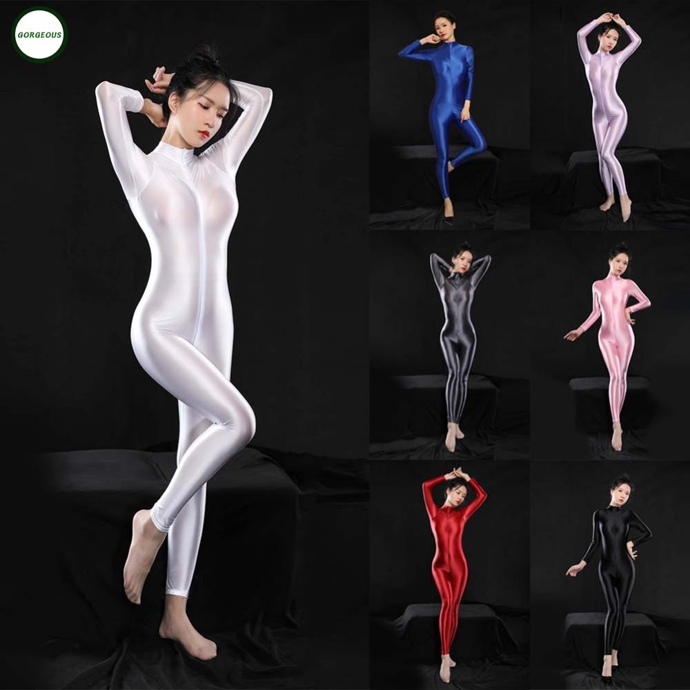 GORGEOUS~Womens Long Sleeve Zip-up Bodysuit Tights Glossy Bodystockings Jumpsuit oily