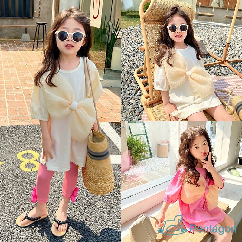 Đầm Tay Ngắn Cổ Tròn Dáng Suông Đính Nơ To Thời Trang Mùa Hè Xinh Xắn Cho Bé Gái